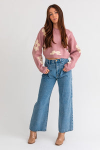 Long Sleeve Crop Sweater with Daisy Pattern~ONLINE ONLY STYLE