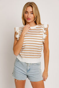 Round Neck Ruffle Sleeve Stripe Knit Top ~ Pre-Order- ONLINE ONLY STYLE