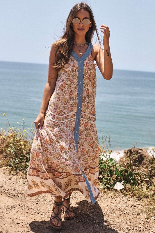 Floral Border Printed V-Neck Sleeveless Maxi Dress ~ONLINE ONLY STYLE