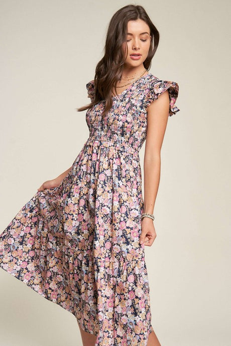 Vintage Garden Floral Flutter Smocking Midi Dress ~ONLINE ONLY STYLE