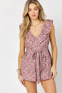 Printed Button Down V-Neck Mini Romper ~ONLINE ONLY STYLE