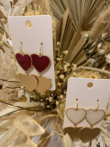 Double Heart Glitter/Metal Drop Earring