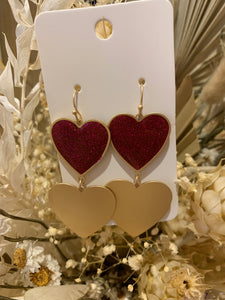 Double Heart Glitter/Metal Drop Earring